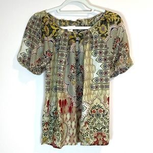 Sundance Floral Print Short Sleeve Blouse 100% Silk XS Greens Rust Cream